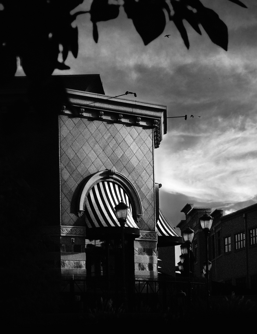 Shopping center at dusk