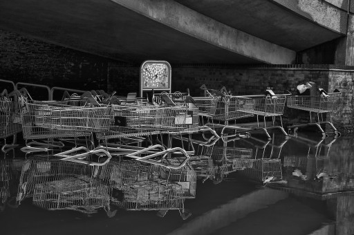 Shopping trolleys in a puddle