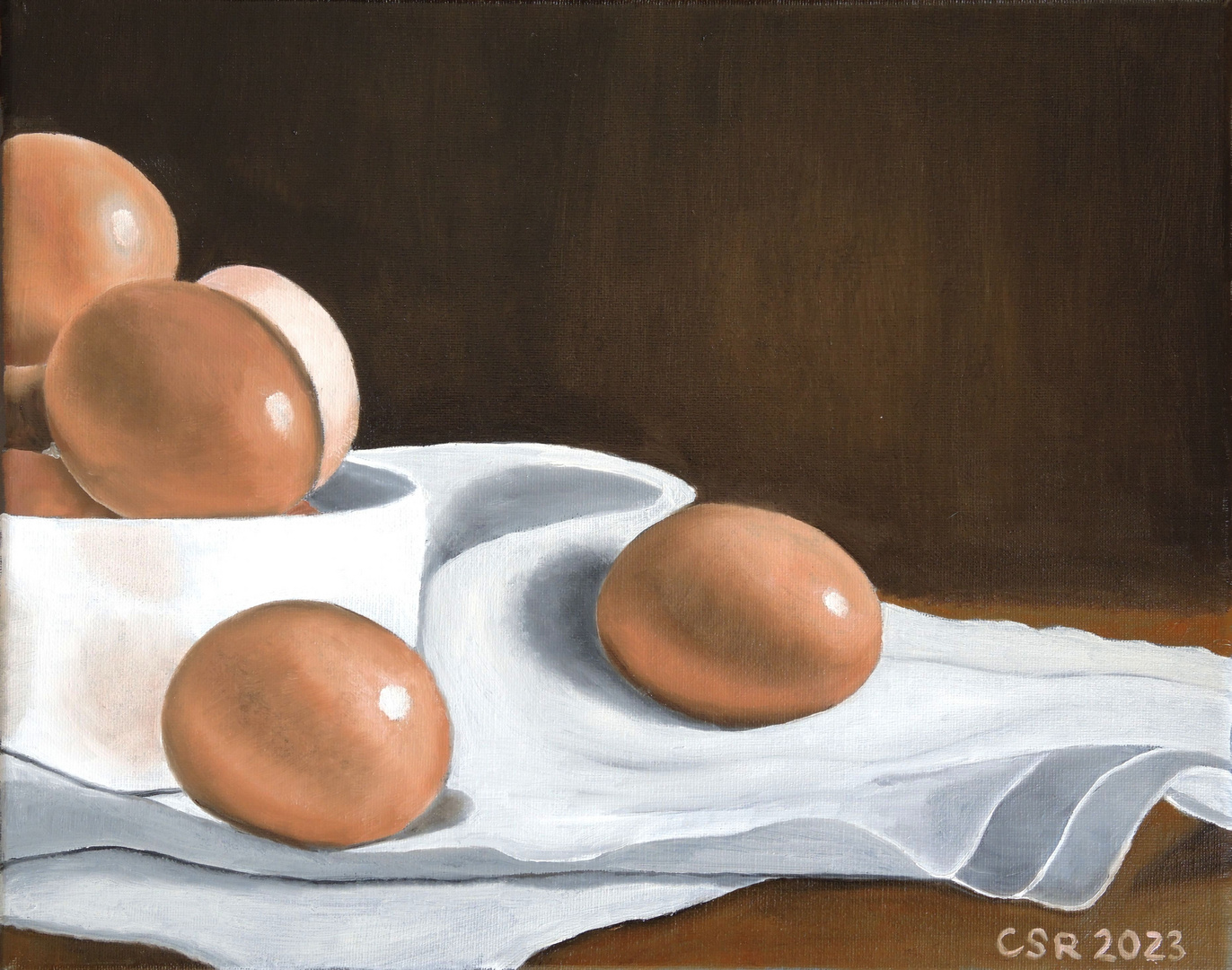 Sieben gekochte Eier - Stillleben in Öl gemalt