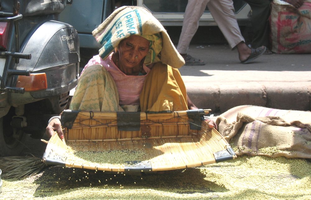 Siebende Bäuerin in Markt in Delhi