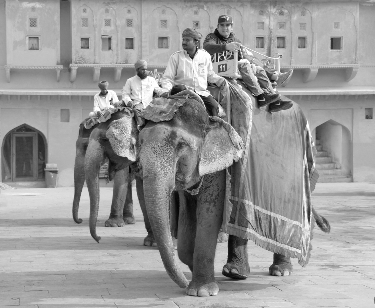 Sightseeing vom Elefanten aus in der Festung Amber (Indien)