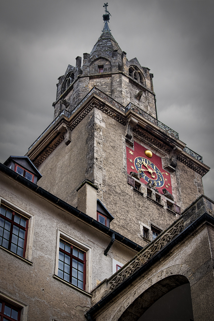 Sigmaringen Schloss Turm und Turmuhr bei Regen