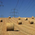 Silageballen auf dem Feld unter Hochspannungsmasten in der Soester Börde.  