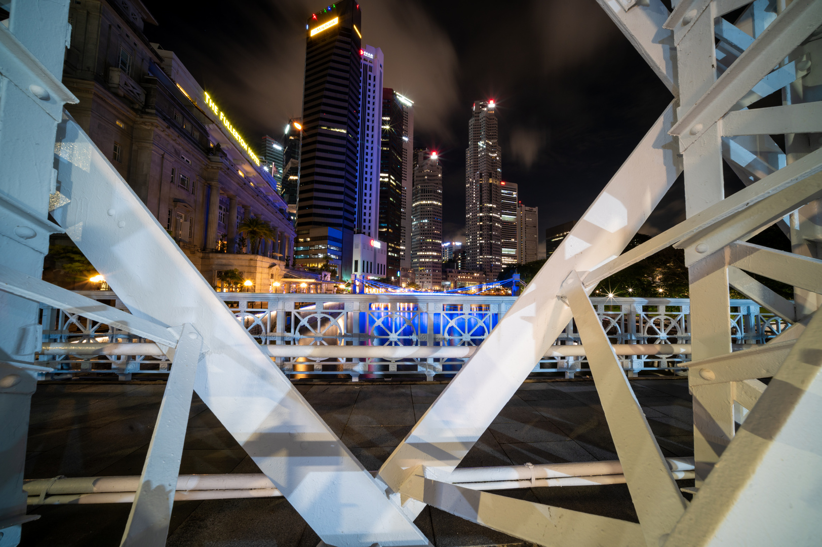 Singapore at night Skyline through Anderson Bridge