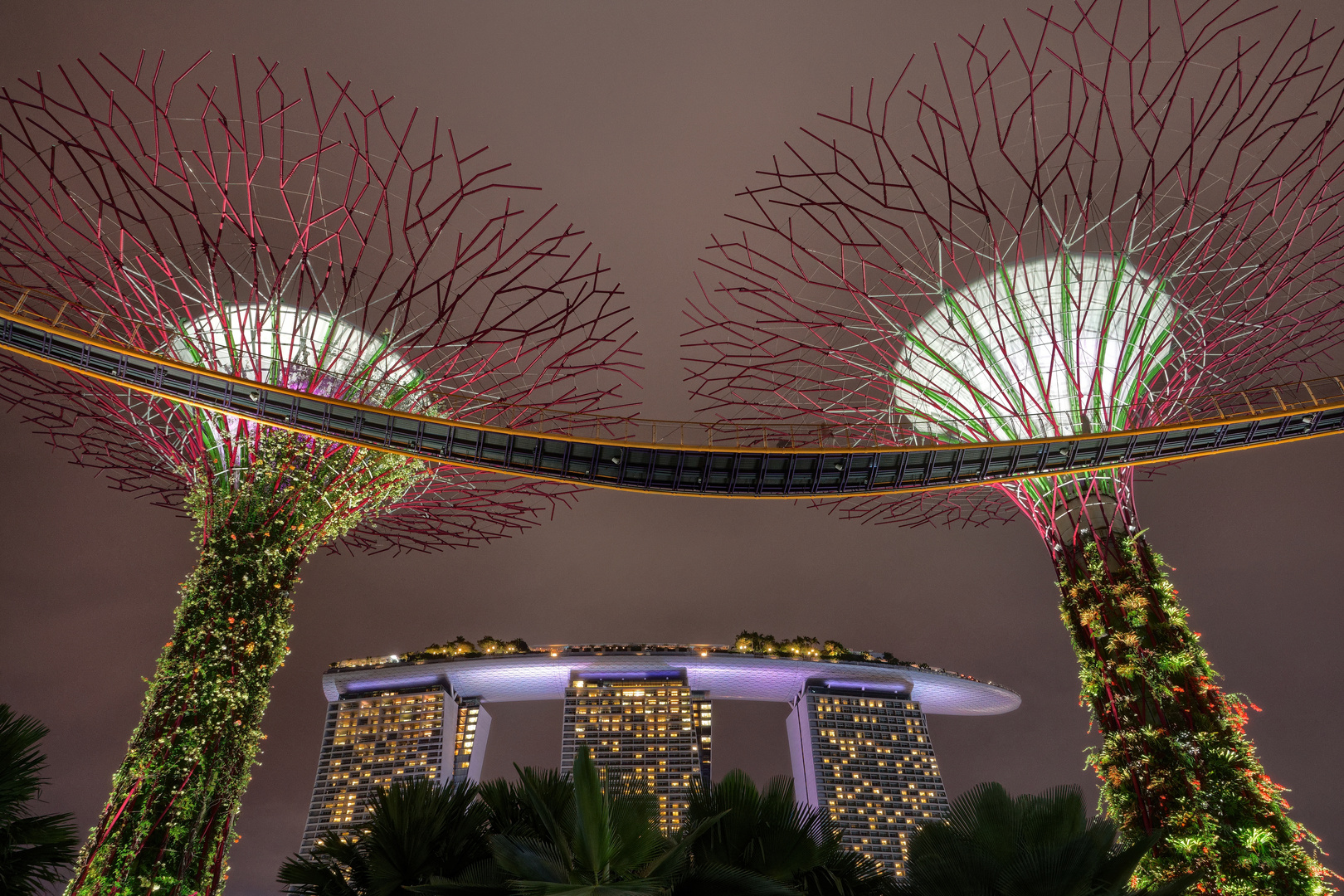 Singapur - Gardens by the Bay:  Im "Supertree Grove" mit dem "Marina Bay Sands Hotel" im Hintergrund