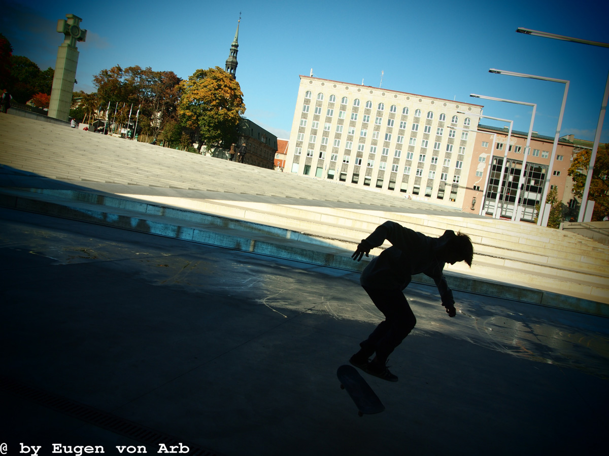 Skateboarder in the town centre of Tallinn, Estonia