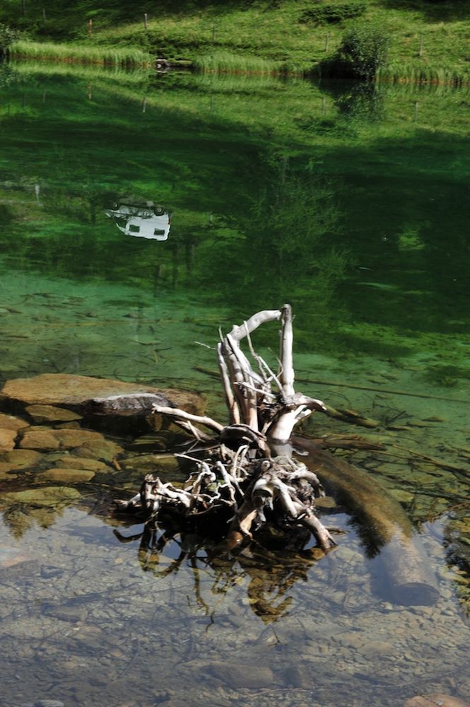 Skulptur und Auto im See