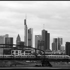 skyline behind train