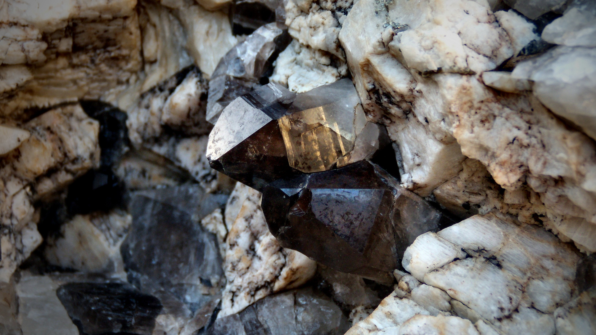 Smokey Quartz crystals in Granite