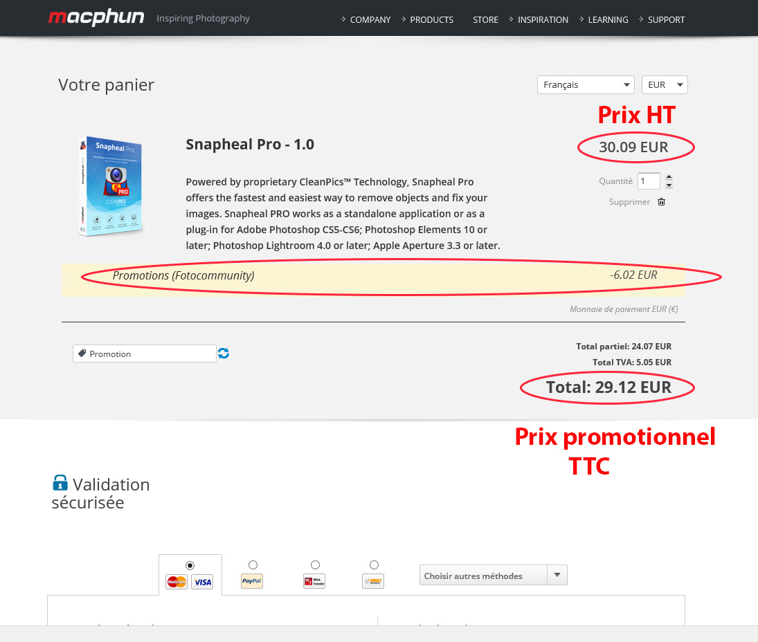 Snapheal Pro au prix HT de 30,09 euros et 29,12 euros TTC avec le code promotionnel.