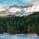 Snow-capped mountains and frozen lake