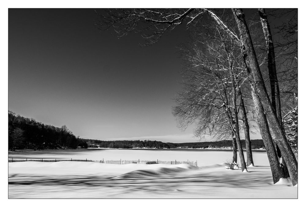 Snow covered Swartswood Lake