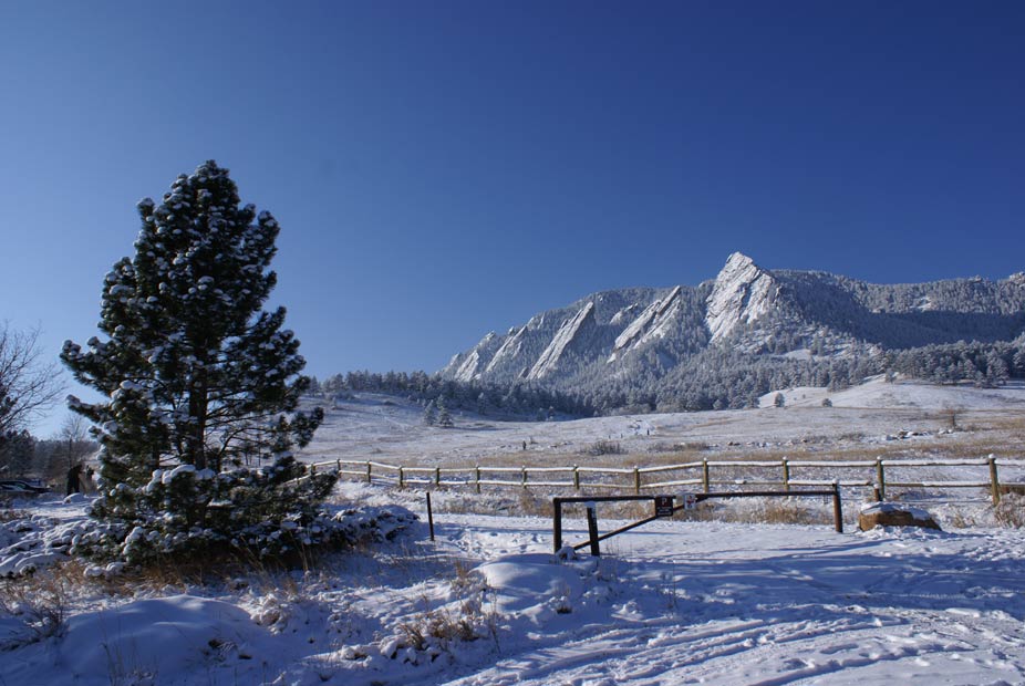 Snowy Flatirons in Boulder, CO.