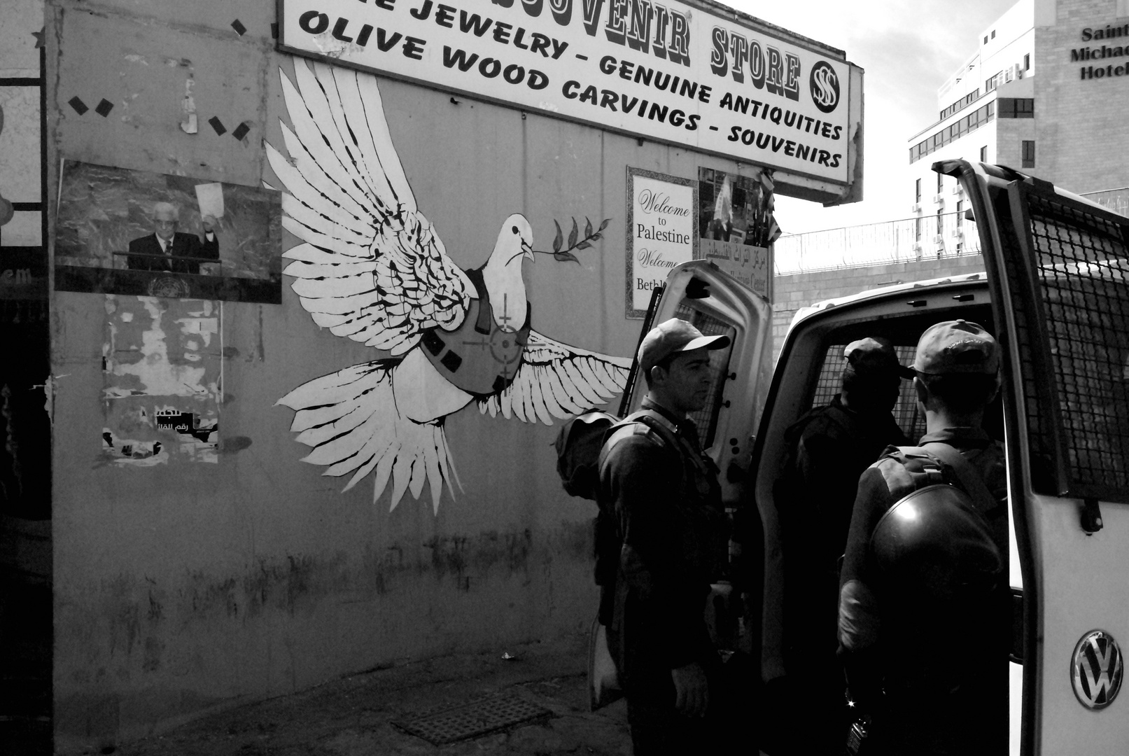 SOLDIERS & THE DOVE OF PEACE, BETHLEHEM, PALESTINE