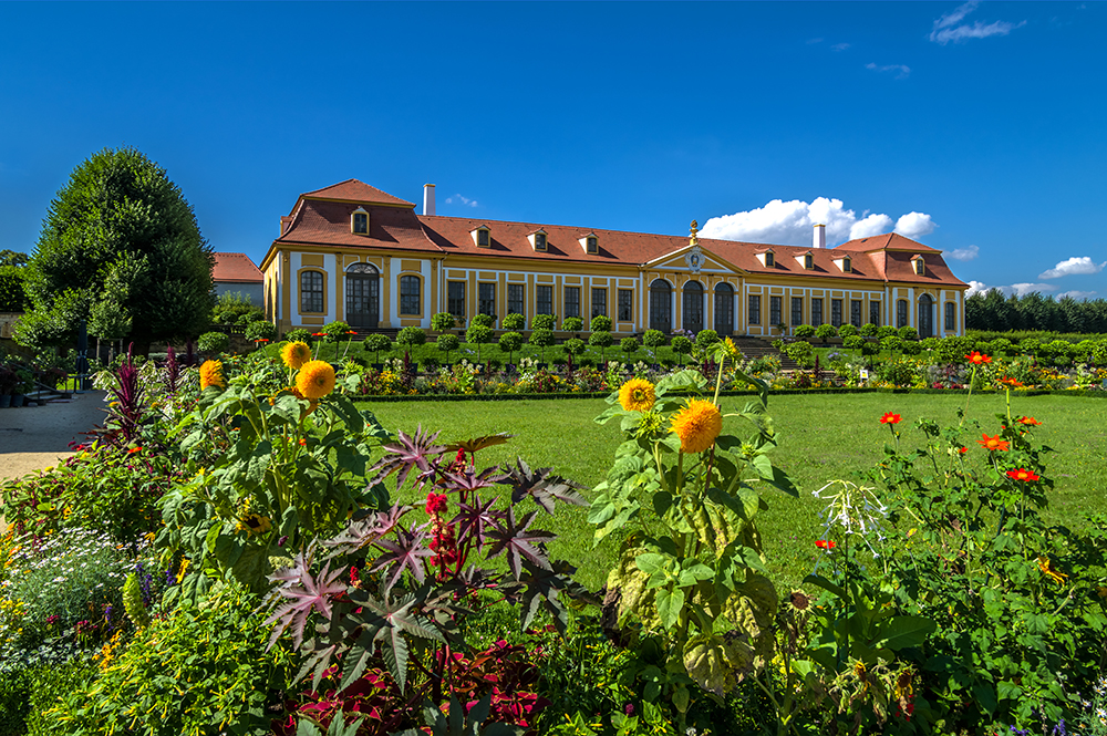 Sommerblumen vor der Oberen Orangerie im Barockgarten Großsedlitz