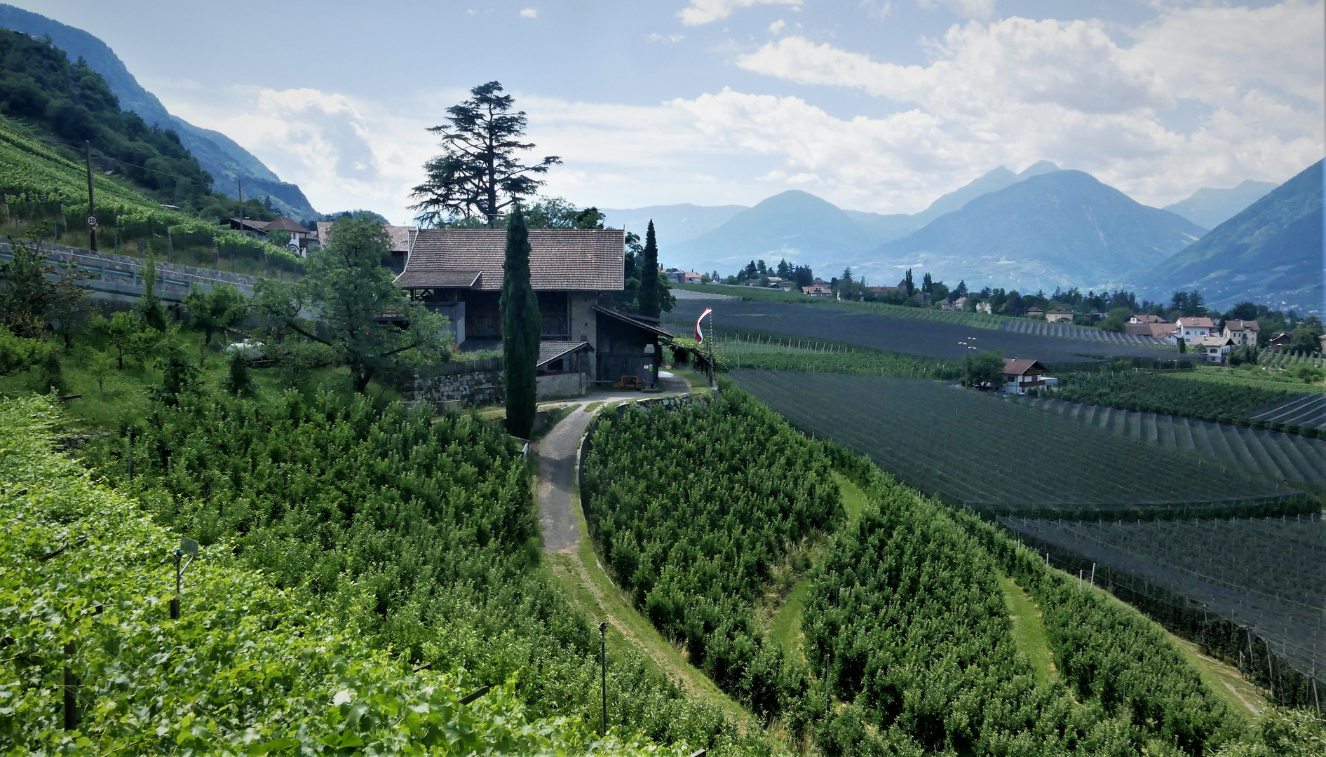 Sommerurlaub 2022 in Südtirol -Blick auf das Etschtal mit dem Ausserleiter Hof bei Schenna