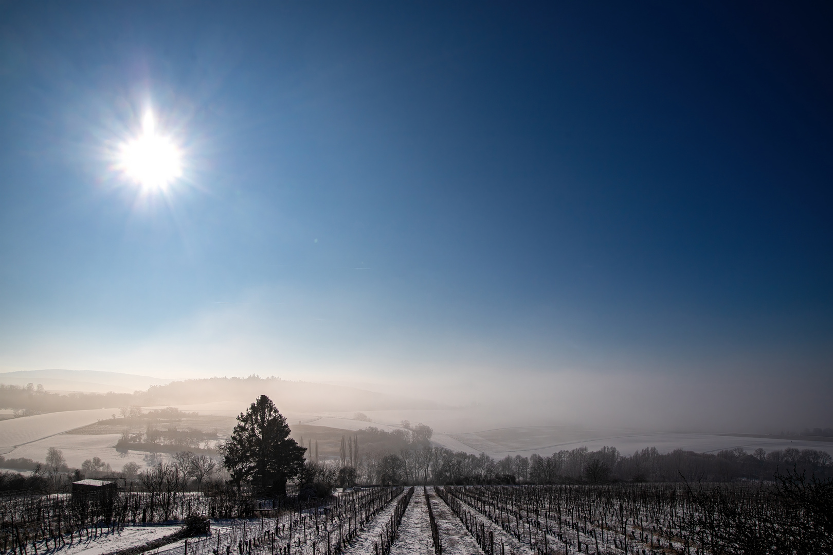 Sonne Schnee und Nebel