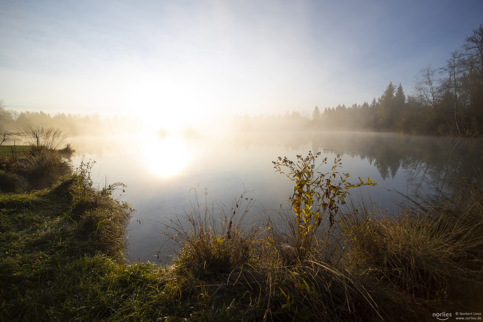 Sonne verdrängt Nebel am See