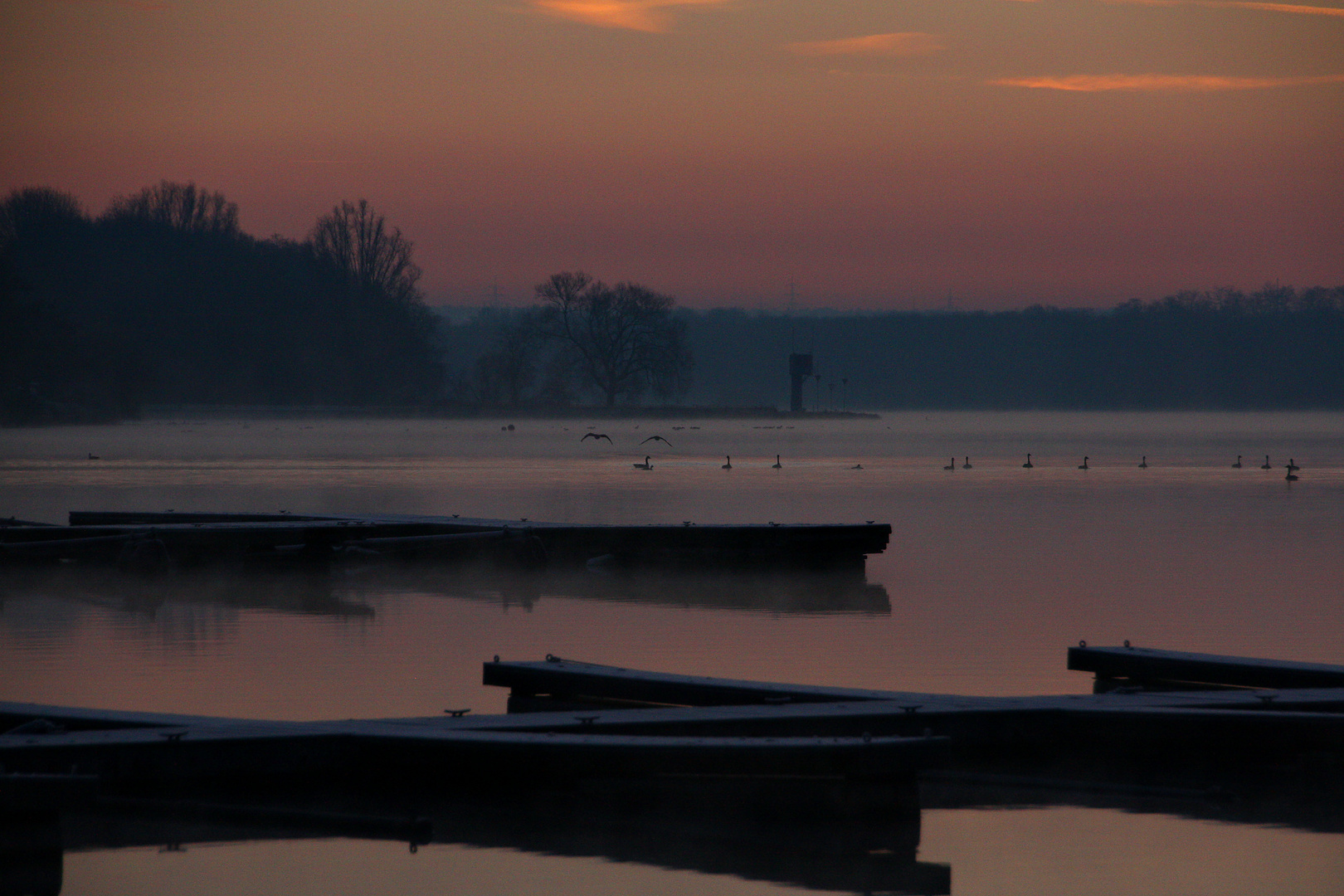 Sonnenaufgang am Bootssteg des U-See bei Düsseldorf