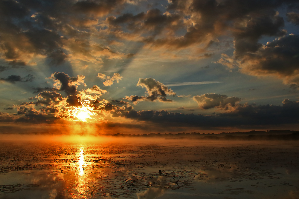 Sonnenaufgang am Federsee mit Wolkenstimmung