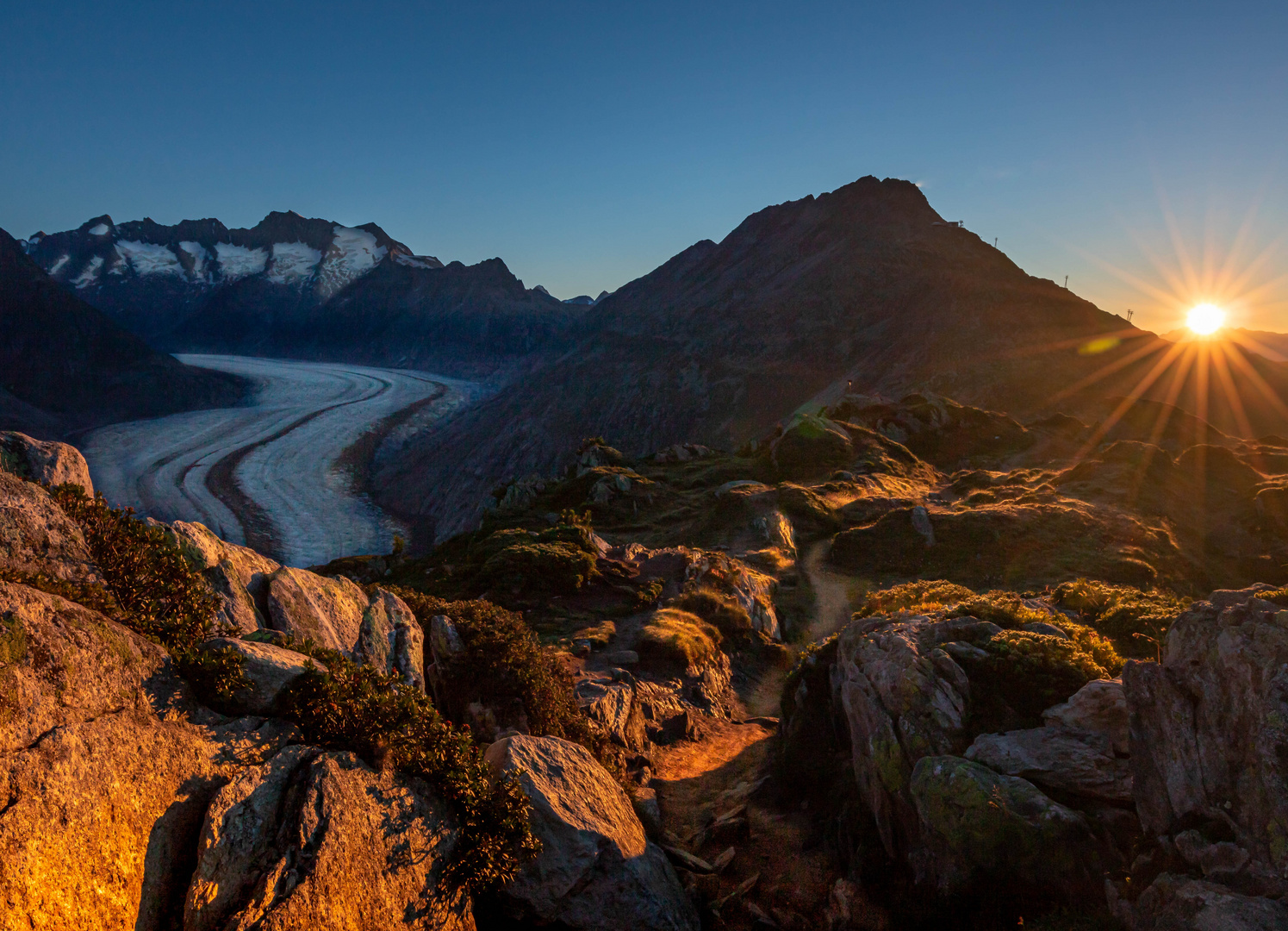 Sonnenaufgang auf der Moosfluh mit Aletschgletscher