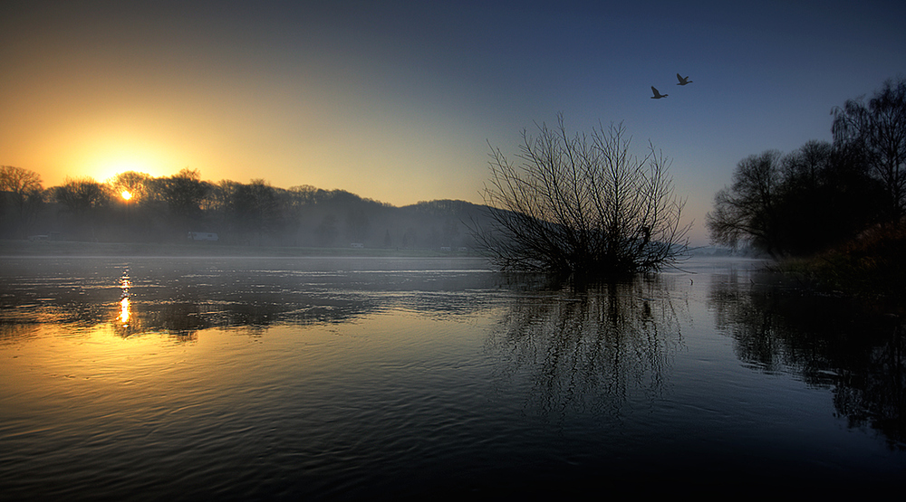 Sonnenaufgang im Nebel an der Weser