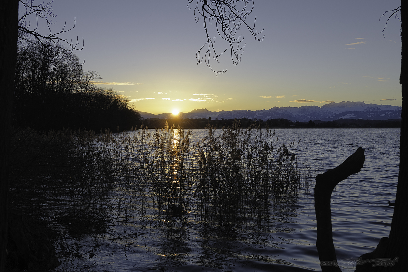 Sonnenaufgang im Winter über dem Greifensee