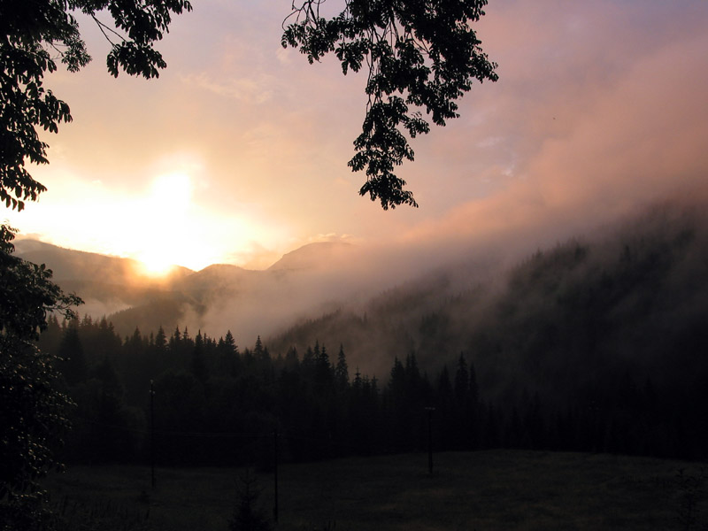 Sonnenaufgang in den bergen mit Morgennebel