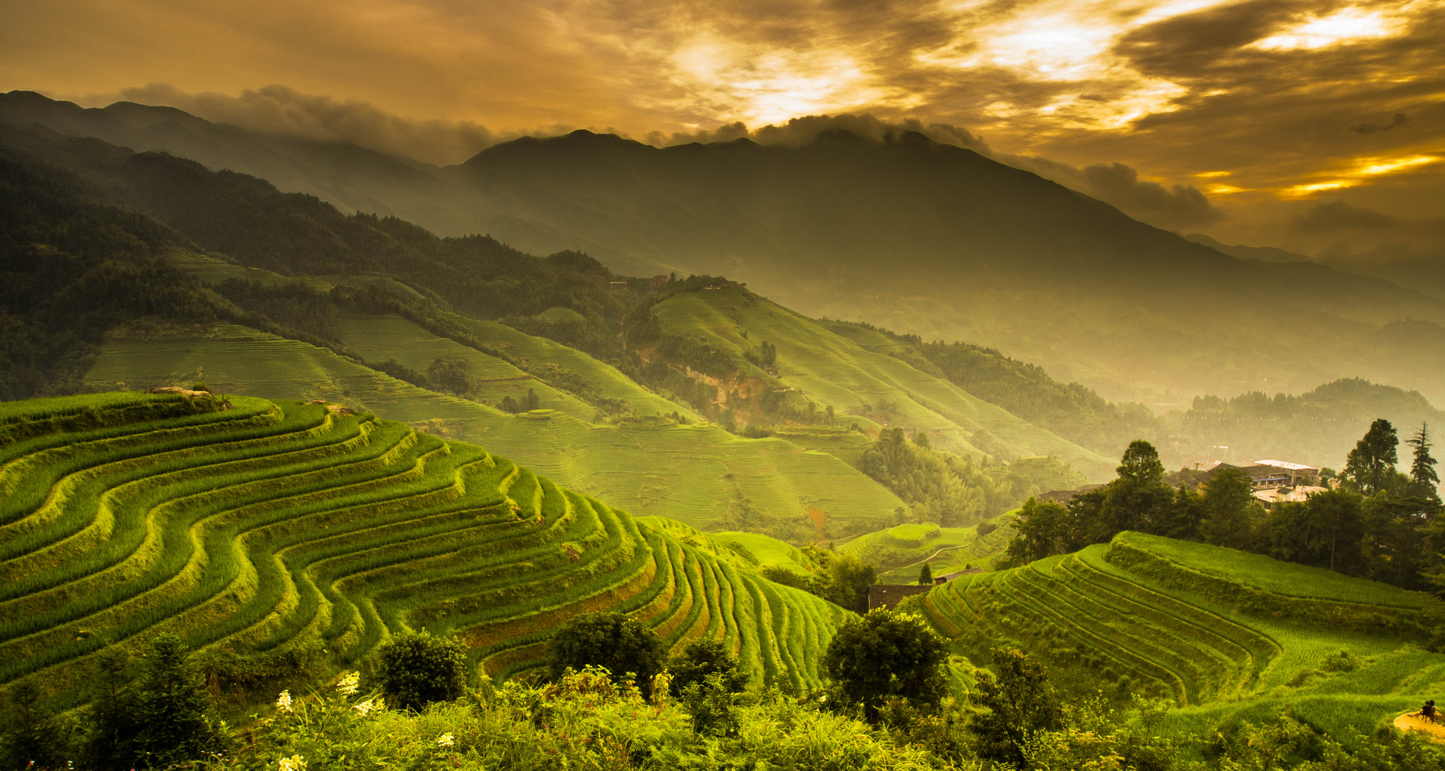 Sonnenaufgang in den Reisterrassen von Longsheng