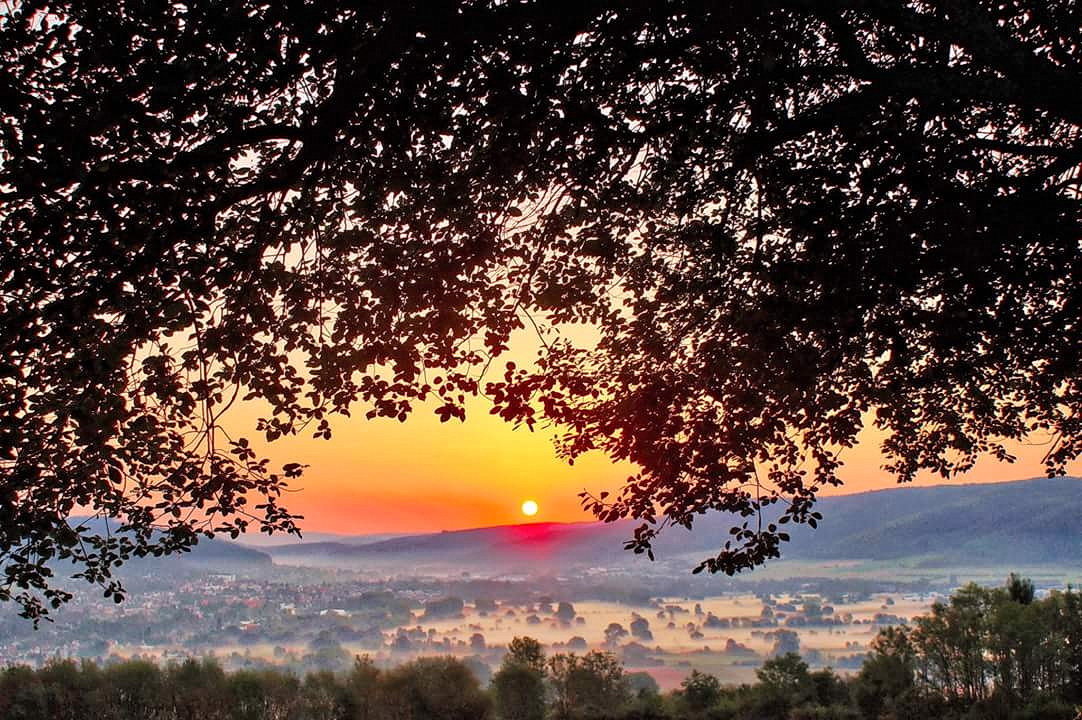 Sonnenaufgang mit Blick ins nebelige Bad Pyrmonter Tal 