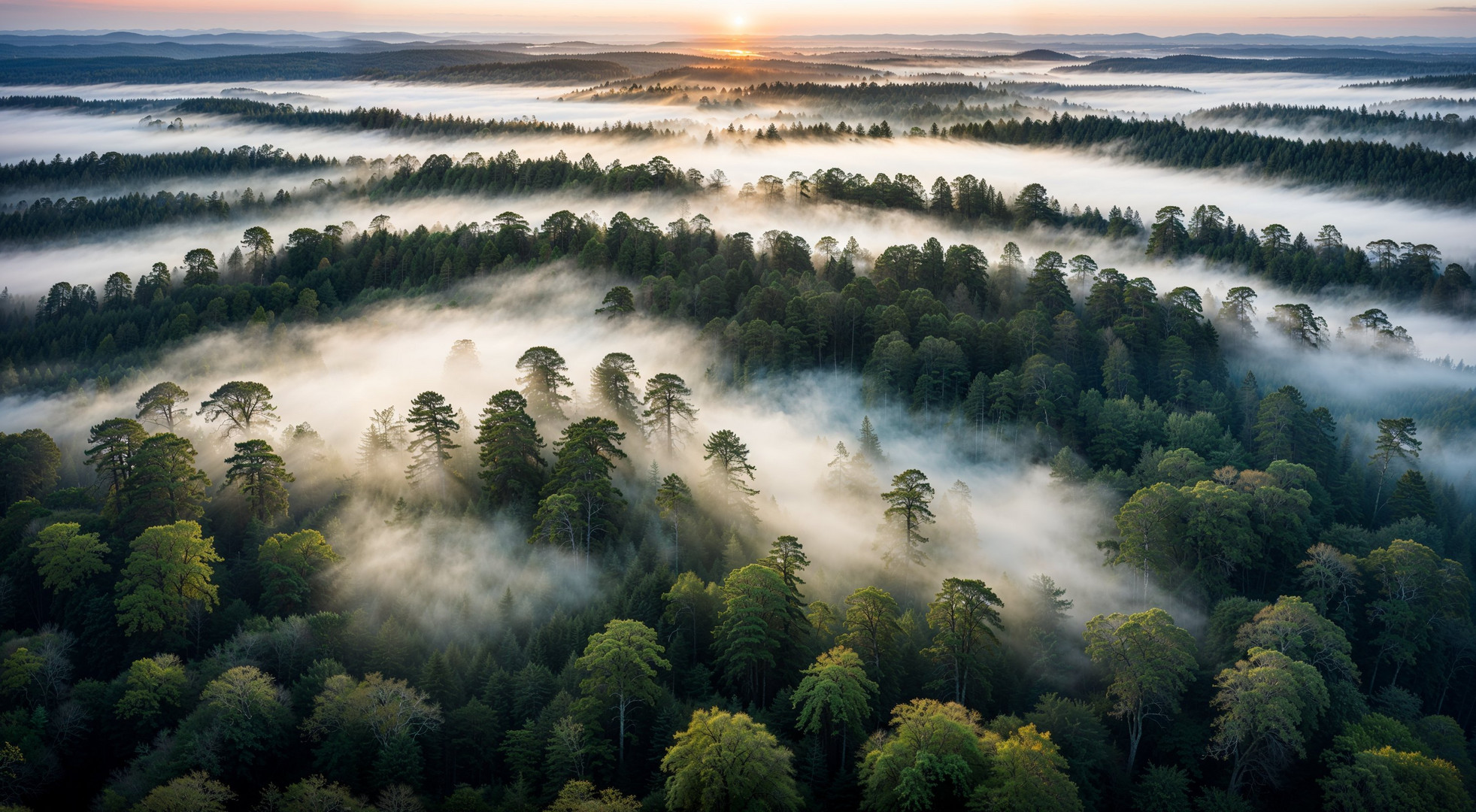 Sonnenaufgang über dem Wald (KI-Szene)