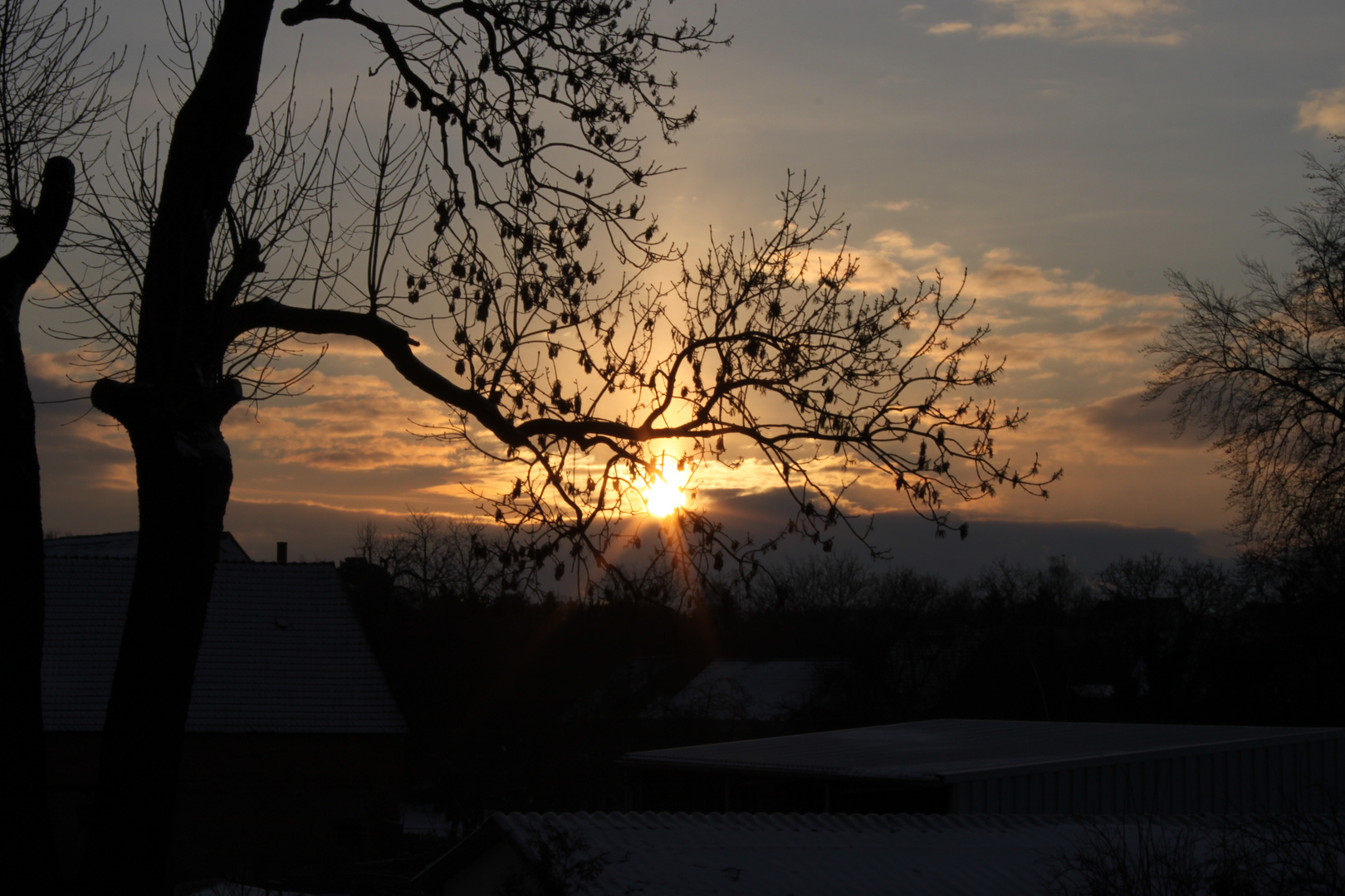 Sonnenaufgang über den Dächern von Markkleeberg-Ost