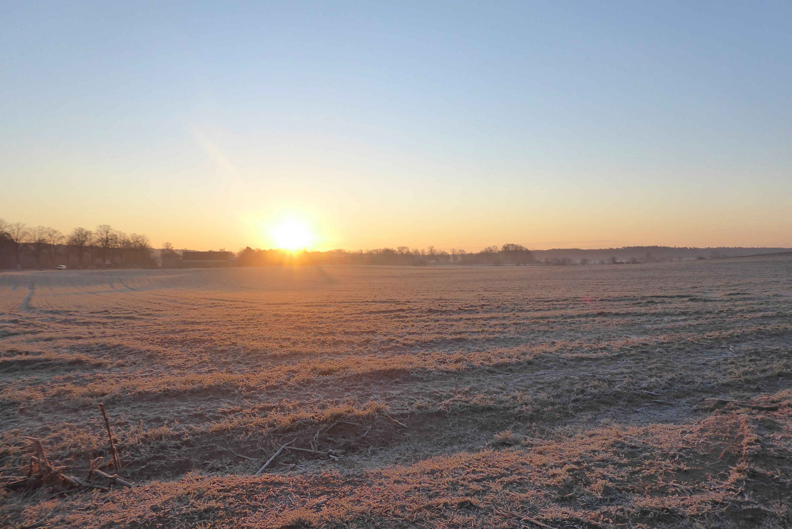 Sonnenaufgang über frostigen Wiesen