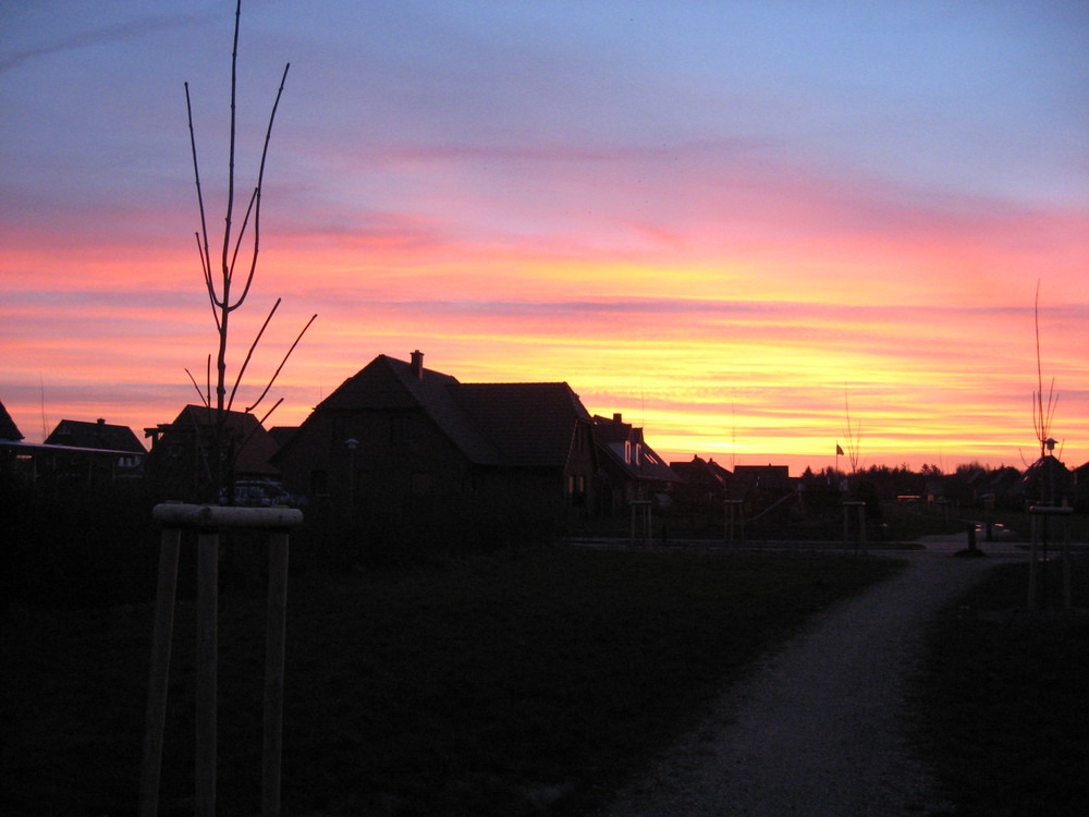 sonnenaufgang über niebüll hinter unserem haus