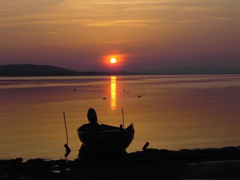 Sonnenuntergang am Bodensee, Insel Reichenau mit Blick in Richtung Radolfzell und Hohentwiel