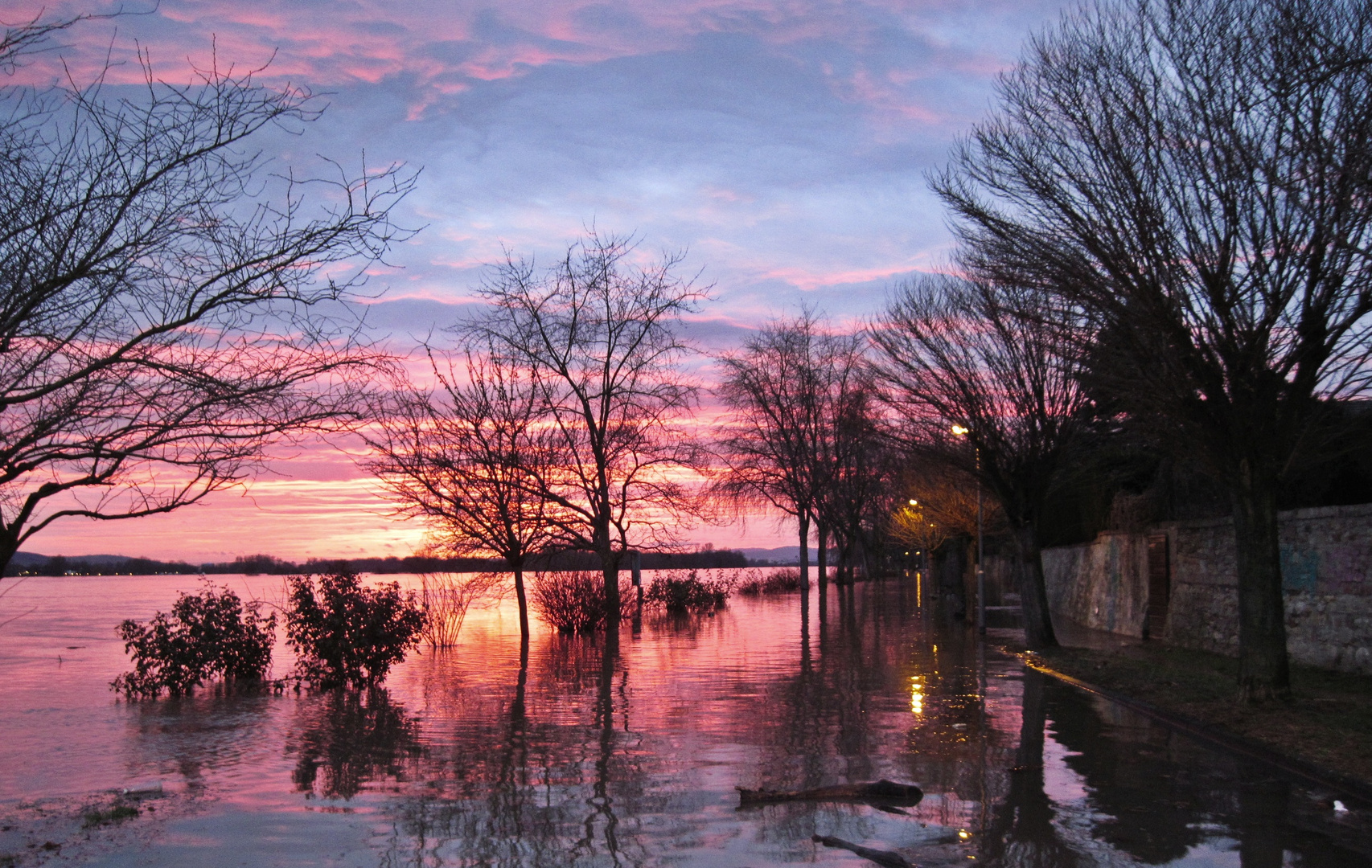 Sonnenuntergang am Hochwasser führenden Rhein