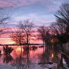 Sonnenuntergang am Hochwasser führenden Rhein