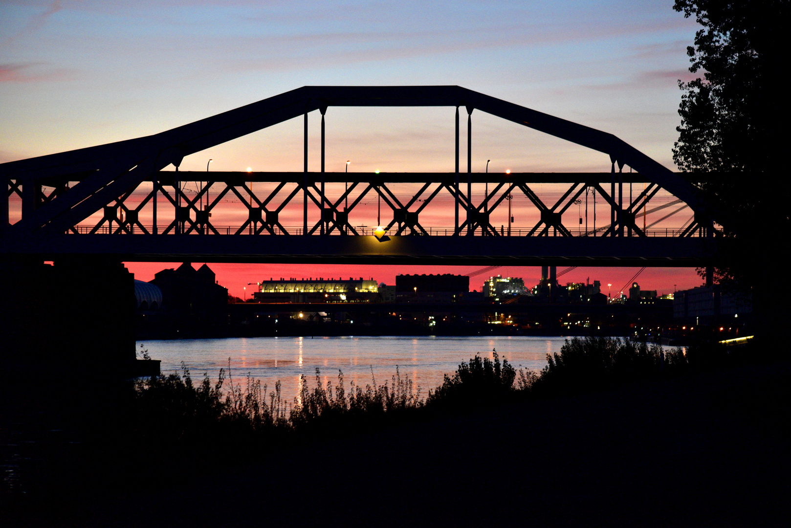 Sonnenuntergang hinter Rheinbrücke