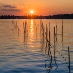 Sonnenuntergang hinter weissen Fähnchen