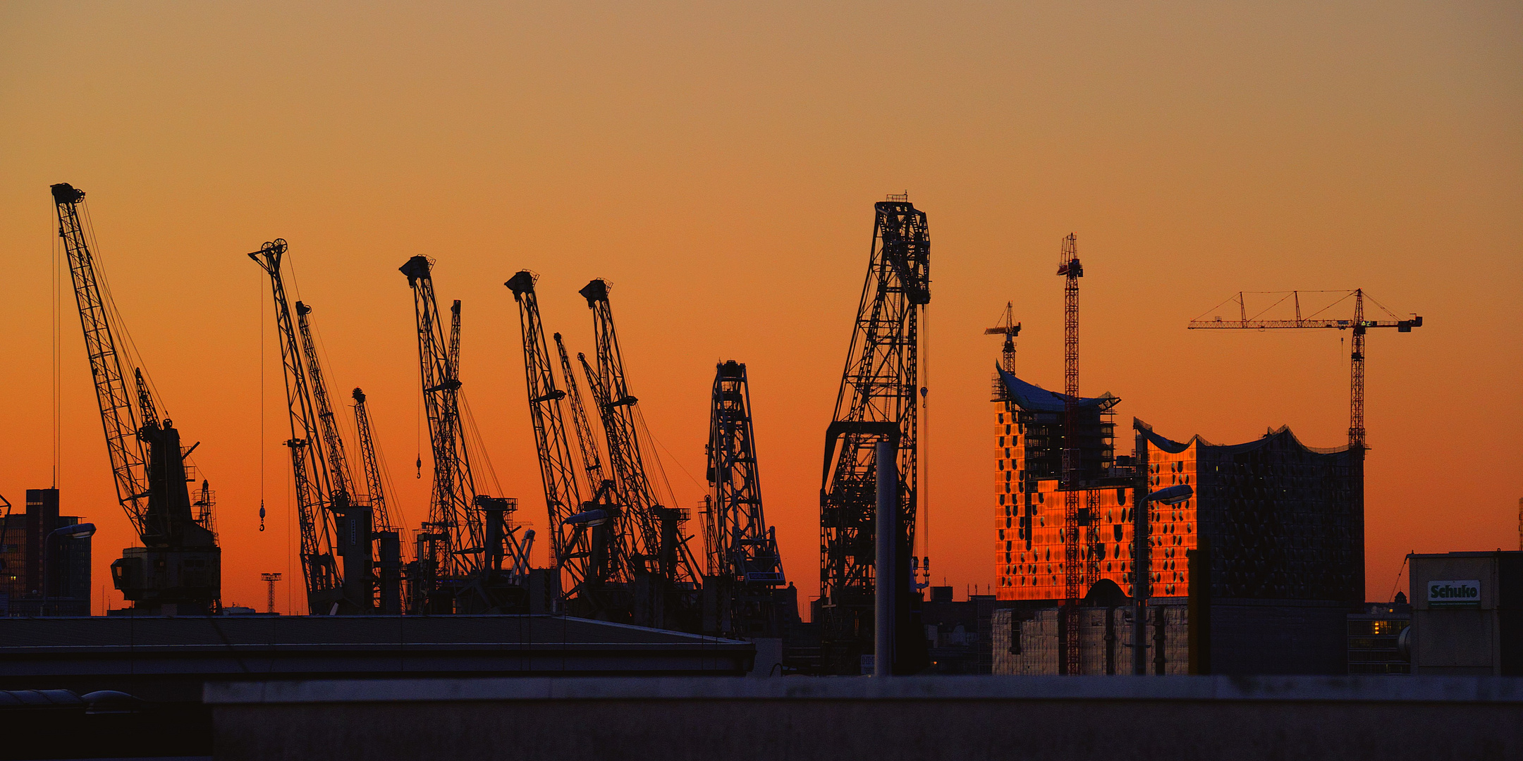 Sonnenuntergang im Freihafen zwischen Kränen und Elbphilharmonie