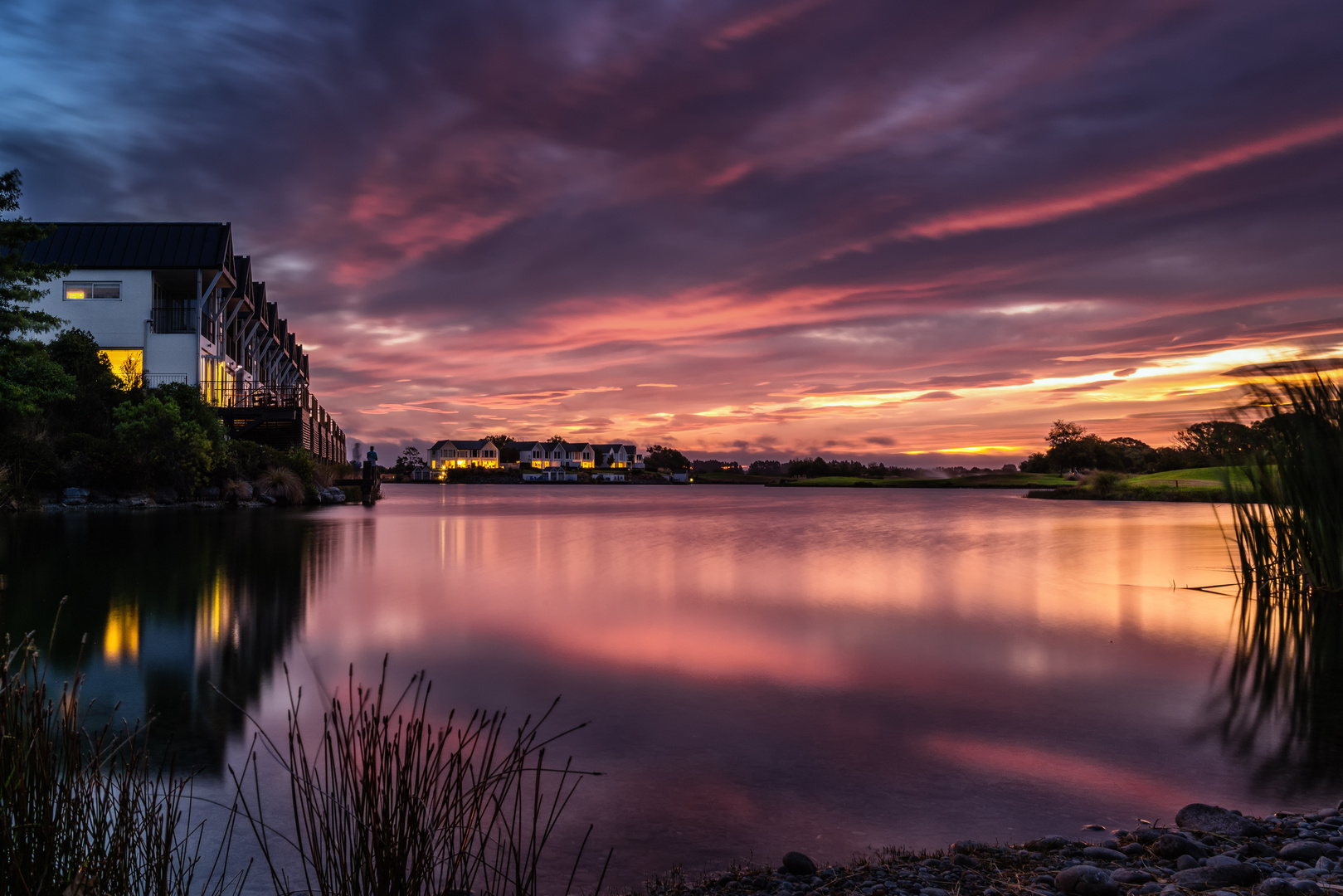 Sonnenuntergang im Peppers Clearwater Resort, Christchurch, NZ