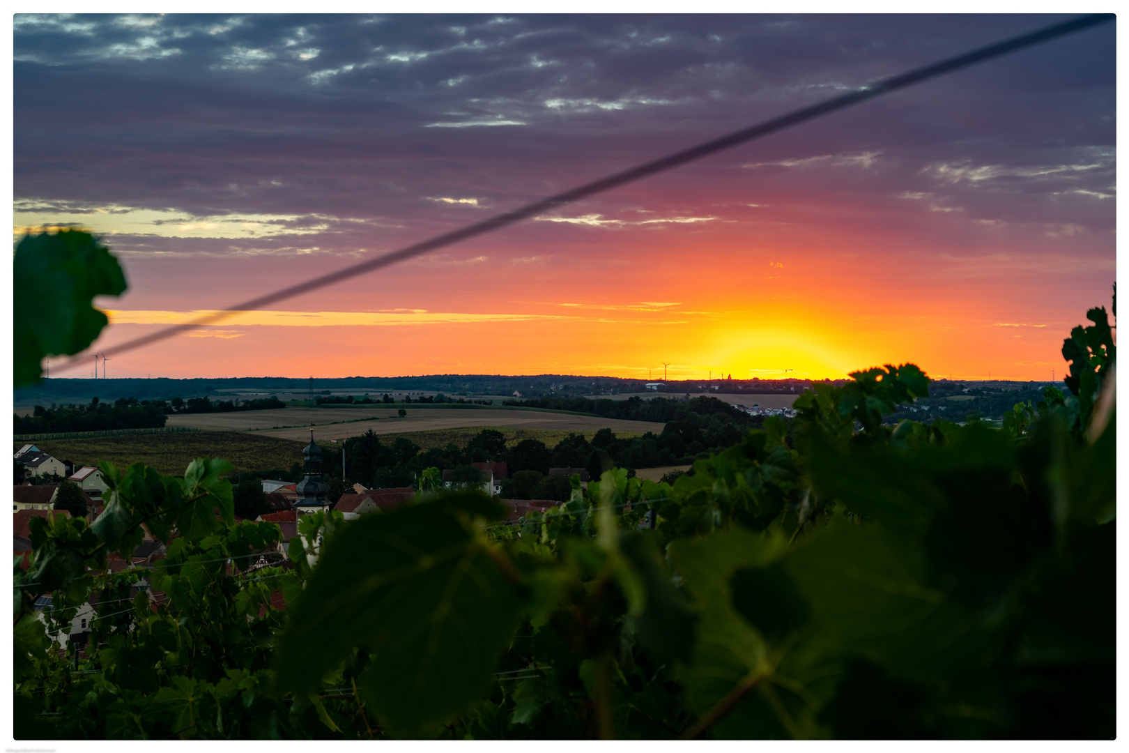 Sonnenuntergang im Weinberg, links unten sieht man das Dorf Sickershausen. 