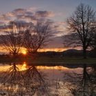 Sonnenuntergang nach Hochwasser auf den Tauberwiesen.