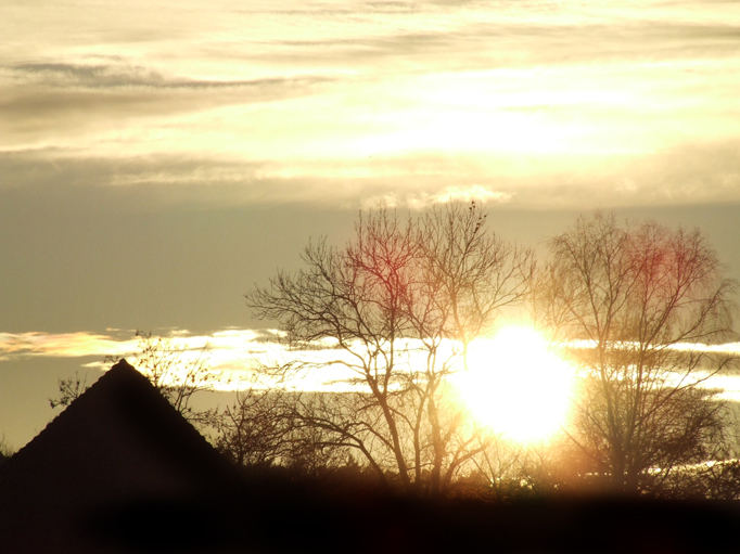 Sonnenuntergang über den Häusern vorm Wald II