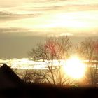 Sonnenuntergang über den Häusern vorm Wald II