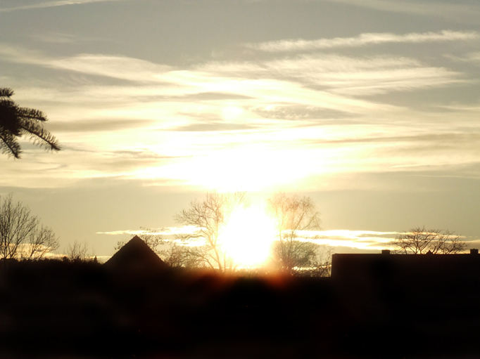 Sonnenuntergang über den Häusern vorm Wald III