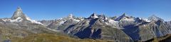 Sonntagspano mit klassischer  Sicht nach Nordwest von den Hügeln des Rotenbodens beim Gornergrat