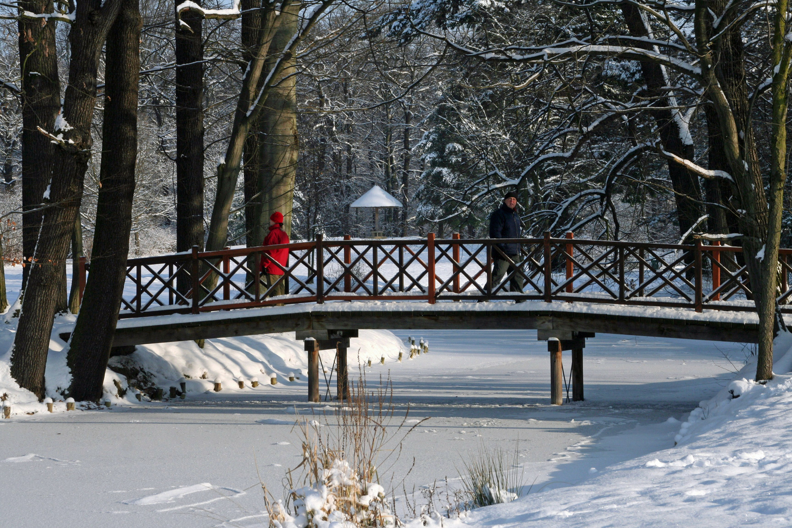 Spaziergänger im winterlichen Branitzer Park bei Cottbus