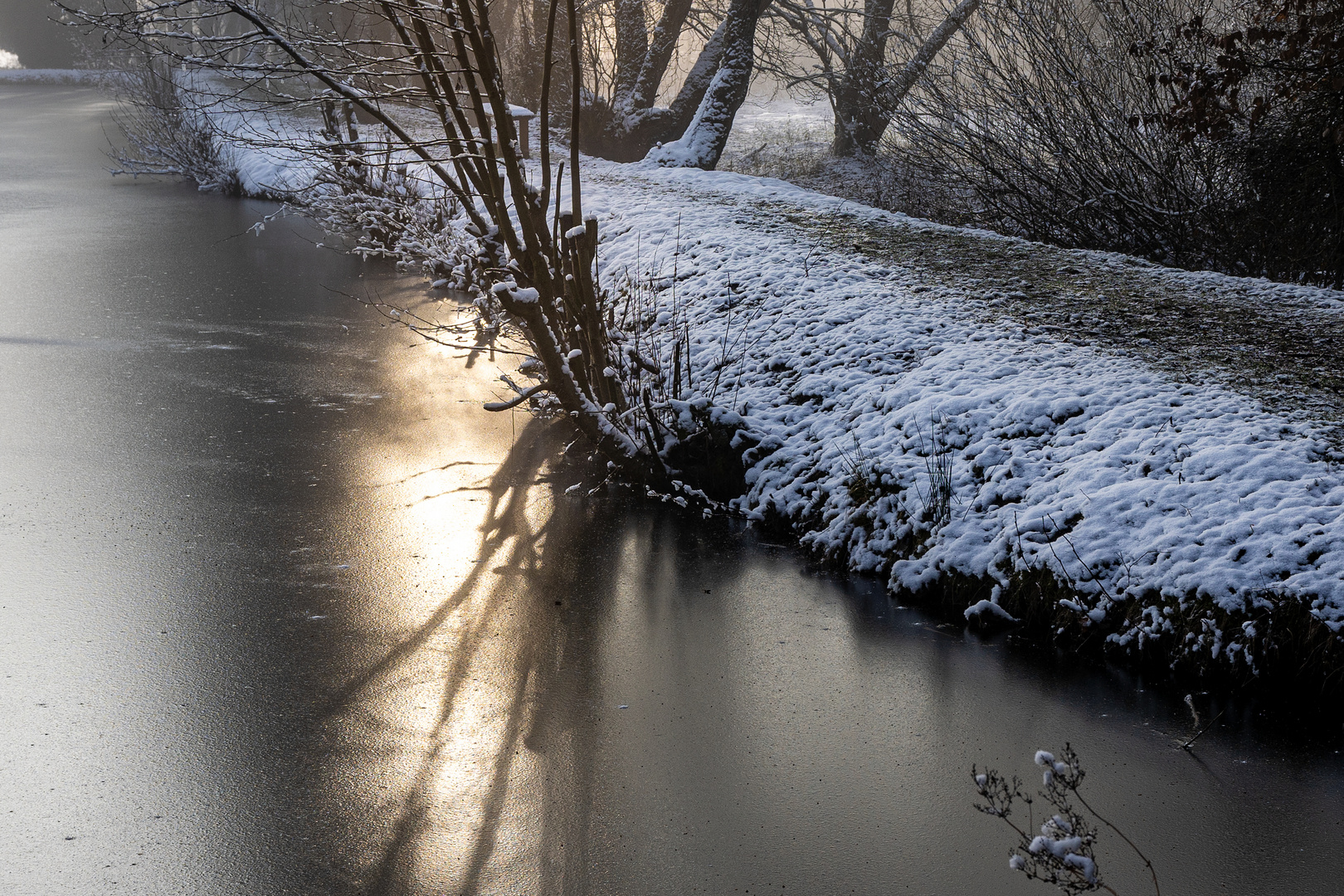 Spiegeltag: Wintersonne spiegelt sich auf dem Eissee