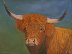 Spitze Hörner, zotteliges Fell - Highland-Rind mit Pastellkreide gemalt